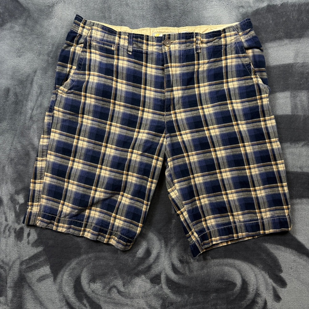 No Boundaries Plaid Shorts Mens 40 Blue Tan Cotton Flat Front Casual NB38B062